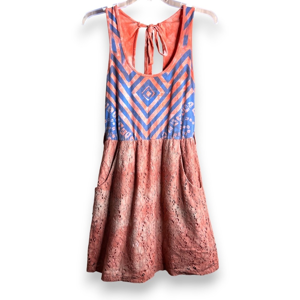 Scrapbook Orange Blue Geometric Crochet Lace Boho Sleeveless Dress USA‎ Large